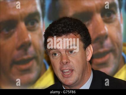 Leeds United Manager David O'Leary talks about the controversial FA Cup match between Leeds and Cardiff at his book launch in Leeds. Police had to use dogs and batons as fans invaded the pitch at the end of Sunday's game at Ninian Park, and the FA have launched an inquiry. *23/01/02 Leed United's manager David O'Leary. O'Leary has been the target of a series of menacing and chilling letters which threaten his wife, police confirmed Wednesday January 23 2002. Detectives told a press conference in Leeds that O'Leary has now been sent seven letters by an anonymous writer. Stock Photo