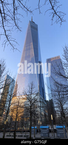 Vertical panoramic view of One World Trade Center skyscraper at sunset. Lower Manhattan, Financial District, New York City Stock Photo