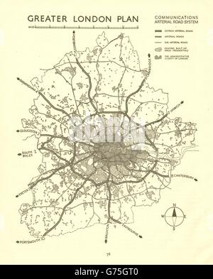 GREATER LONDON. Proposed motorways arterial ring roads M25.ABERCROMBIE, 1944 map Stock Photo