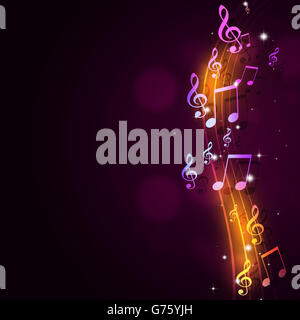 abstract dark red background with multicolor music notes Stock Photo