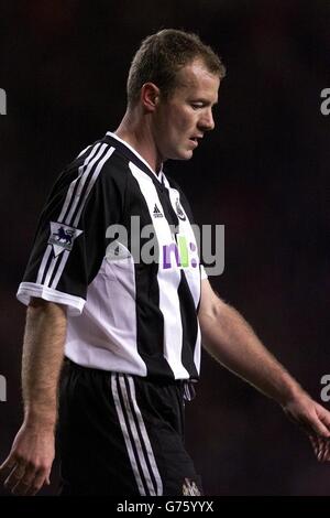 Dejected Newcastle United captain Alan Shearer during his sides 3-1 defeat by Manchester United, during their FA Barclaycard Premiership match at Old Trafford. Stock Photo