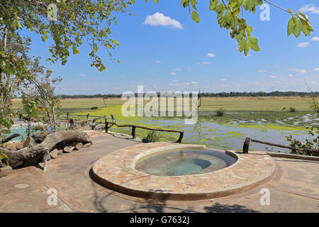 swimming pool, view to African savanna, Kafunta River Lodge, South Luangwa NP, Zambia, Africa Stock Photo