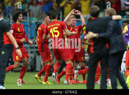Soccer - FIFA World Cup 2014 - Round of 16 - Belgium v USA - Arena Fonte Nova. Belgium's Kevin De Bruyne celebrates scoring his side's first goal in extra-time. Stock Photo