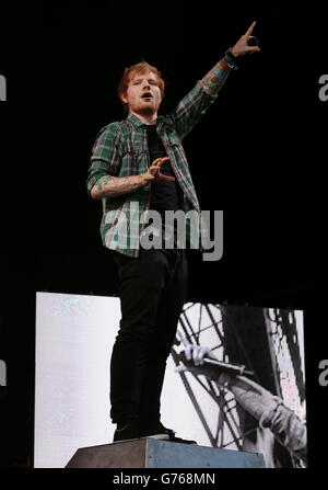 Ed Sheeran performing on the Main Stage at the T in the Park festival, held at Balado Park in Kinross, Scotland. Stock Photo