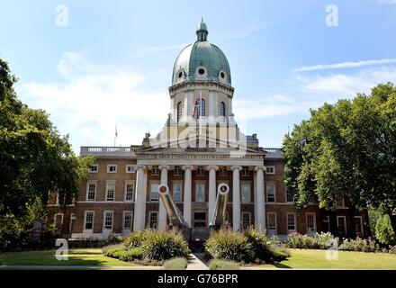 The main entrance of the refurbished Imperial War Museum in London as the building has taken four years to transform and includes a new atrium and First World War galleries to mark the start of the centenary of the First World War. Stock Photo