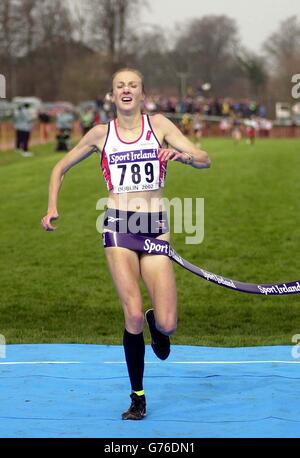 British athlete Paula Radcliffe crosses the line in first place to win the Senior Women's Long Course Race in the 30th IAAF World Cross-County Championship in Dublin. Stock Photo