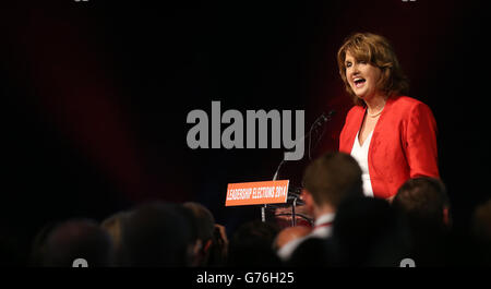 The new leader of the Labour party Joan Burton speaks to supporters at the Mansion House in Dublin following the count for the leadership elections. Stock Photo