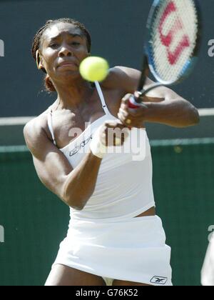 EDITORIAL USE ONLY, NO COMMERCIAL USE. American top women's seed Venus Williams in action against Virginia Ruano Pascual of Spain on Court One at Wimbledon. Williams proceeded to the next round after a straight sets victory 6:3/6:1. Stock Photo