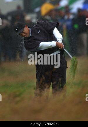 Tiger Woods - Open Championship Muirfield. Tiger Woods plays out of the heavy rough on the 1st hole during the third day of the 131st Open Championship at Muirfield, Scotland. Stock Photo