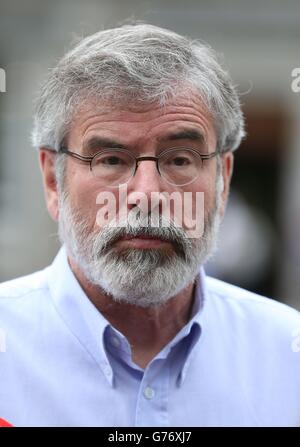 Sinn Fein leader Gerry Adams speaks to the media at Leinster House in Dublin, as senior unionists met to discuss the next phase of their protest against a decision to ban a controversial Orange Order parade from passing a nationalist neighbourhood. Stock Photo