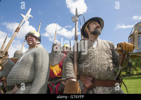 Historic Saltire knights take part in an annual medieval jousting tournament in a bid to be crowned champion at Linlithgow Palace, Linlithgow, West Lothian, Scotland. Stock Photo