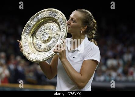 Petra Kvitova parades the winner's trophy during day thirteen of the Wimbledon Championships at the All England Lawn Tennis and Croquet Club, Wimbledon. Stock Photo