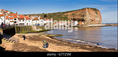 UK, England, Yorkshire, Staithes, harbour and village, panoramic, looking towards Cowbar Nab Stock Photo