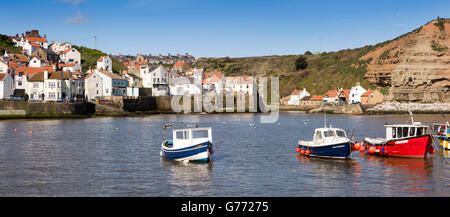 UK, England, Yorkshire, Staithes, harbour and village panoramic Stock Photo