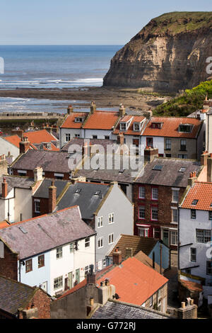 UK, England, Yorkshire, Staithes, elevated view of houses from Cowbar Bank towards Penny Steel rocks Stock Photo