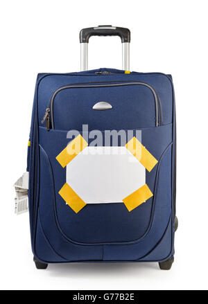 Journey suitcase with destination label isolated on white Stock Photo