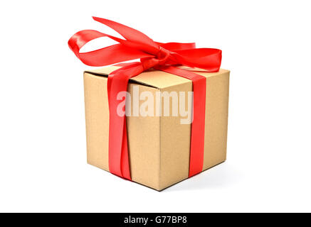 Cardboard gift box with red ribbon isolated on white Stock Photo