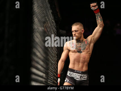 Ireland's Connor McGregor arrives for his 5-Round Featherweight bout against Brazil's Diego Brandao at the UFC Fight Night at the O2 in Dublin. Stock Photo