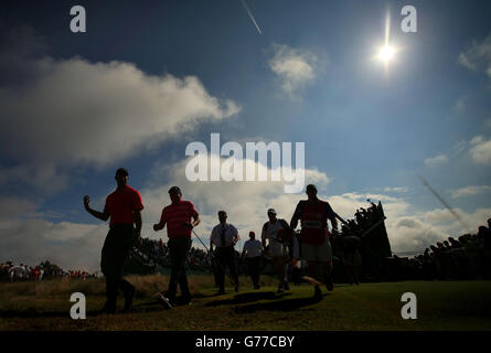 USA's Tiger Woods makes his way down the 1st fairway during day four of the 2014 Open Championship at Royal Liverpool Golf Club, Hoylake. Stock Photo