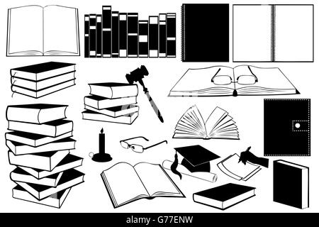 Illustration of different kinds of books and accessories isolated on white Stock Vector