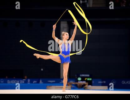 England's Stephani Sherlock competes during the Rhythmic Gymnastics Team Final and Individual Qualification at the SSE Hydro during the 2014 Commonwealth Games in Glasgow. Stock Photo