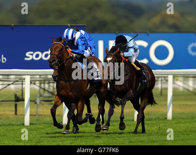 Taghrooda (centre) ridden by Paul Hanagan wins the King George VI and Queen Elizabeth stakes during the King George Day - Saturday at Ascot Racecourse. Stock Photo