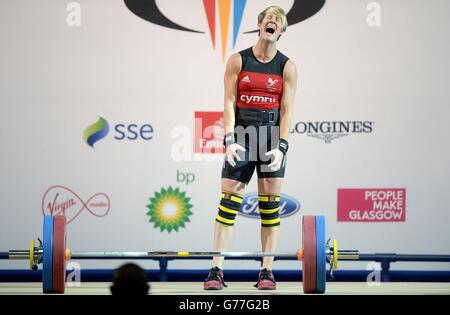 Wales' Michaela Breeze fails with a lift and takes bronze in the womens 58kg weightlifting, at the Clyde Auditorium during the 2014 Commonwealth Games in Glasgow. Stock Photo