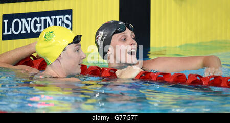 England's Fran Halsall celebrates winning the women's 50m freestyle, at Tollcross Swimming Centre during the 2014 Commonwealth Games in Glasgow. Stock Photo