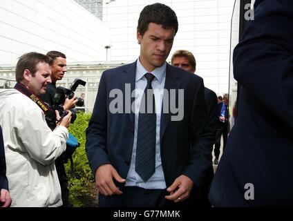 Michael Ballack of the German national football team leaves Glasgow Airport, ahead of the Euro 2004 qualifier against Scotland on Saturday at Hampden Park, Glasgow. Stock Photo