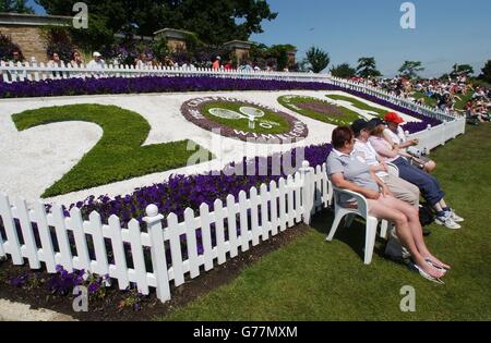 Tennis fans grab the best spots on Henman Hill at the All England Lawn Tennis Championships in Wimbledon ahead of the British star's match against Tomas Zib of the Czech Republic Stock Photo