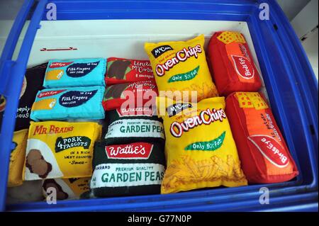 Handmade felt groceries inside The Cornershop in Wellington Row, Bethnal Green, east London, an art installation by textile artist Lucy Sparrow where nearly 2,000 classic groceries inside are handmade from felt and are for sale as an art work. Stock Photo