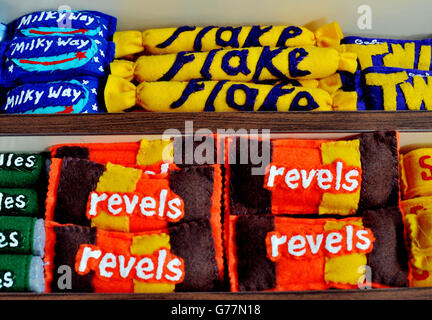 Handmade felt groceries inside The Cornershop in Wellington Row, Bethnal Green, east London, an art installation by textile artist Lucy Sparrow where nearly 2,000 classic groceries inside are handmade from felt and are for sale as an art work. Stock Photo