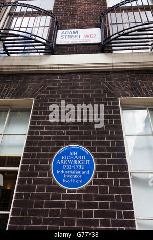 Blue plaque, Sir Richard Arkwright, industrialist and architect lived here, 8 Adam Street, London, UK Stock Photo