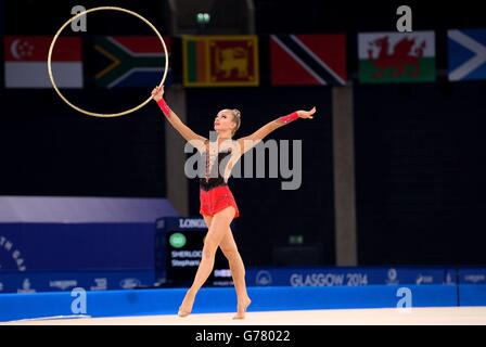 England's Stephani Sherlock competes in the Rhythmic Gymnastics individual hoop final at the SSE Hydro during the 2014 Commonwealth Games in Glasgow. Stock Photo