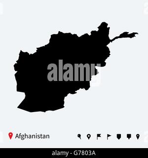 High detailed vector map of Afghanistan with navigation pins. Stock Vector