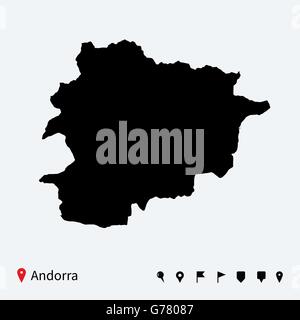High detailed vector map of Andorra with navigation pins. Stock Vector