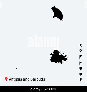 High detailed vector map of Antigua and Barbuda with navigation pins. Stock Vector
