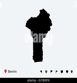 High detailed vector map of Benin with navigation pins. Stock Vector