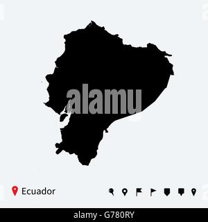 High detailed vector map of Ecuador with navigation pins. Stock Vector