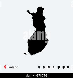 High detailed vector map of Finland with navigation pins. Stock Vector