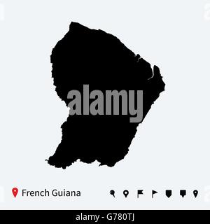 High detailed vector map of French Guiana with navigation pins. Stock Vector
