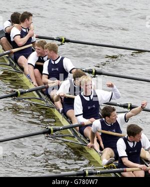The Oxford crew celebrate their narrow win at the end of the the 149th Boat Race, between the crews of Oxford and Cambridge University, in London. Stock Photo