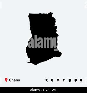 High detailed vector map of Ghana with navigation pins. Stock Vector