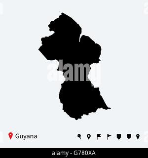 High detailed vector map of Guyana with navigation pins. Stock Vector