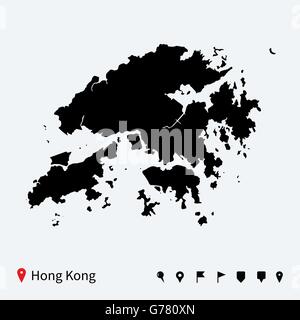 High detailed vector map of Hong Kong with navigation pins. Stock Vector