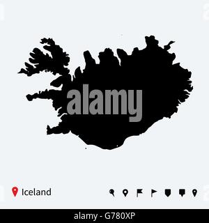 High detailed vector map of Iceland with navigation pins. Stock Vector