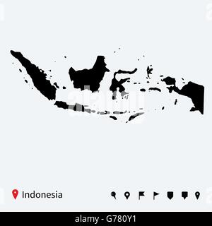 High detailed vector map of Indonesia with navigation pins. Stock Vector
