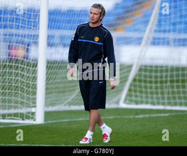 David Beckham takes part in training in the Bernabeu Stadium, Madrid, before Manchester United's Champions League match against Real Madrid. Stock Photo