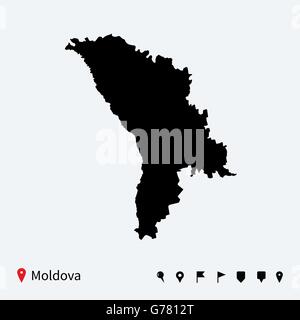 High detailed vector map of Moldova with navigation pins. Stock Vector