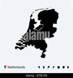 High detailed vector map of Netherlands with navigation pins. Stock Vector